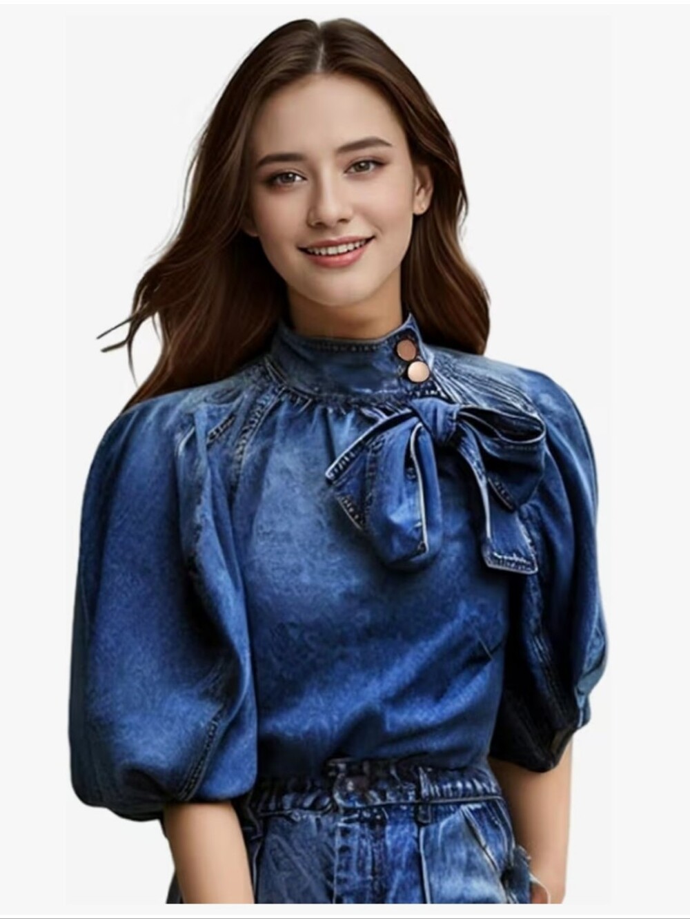 Blue Puff-Sleeve Bow Neck Women's Top #56